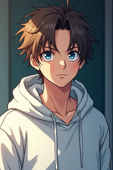 A man, with a white hoodie, and blue eyes with brown hair.
Anime style