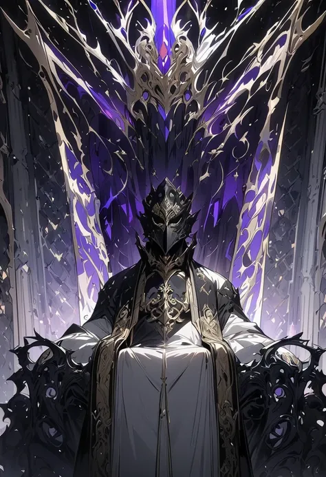 A middle-aged man，Short hair， seated on the throne ，The black mask covers the entire face，Look ahead，majesty，robust，masterpiece， Best Quality ，Extremely Beautiful ， very high resolution ， anime style