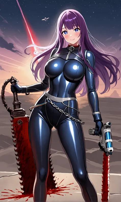 A cute woman (violet hair, violet eyes, sexy violet body suit extremely revealing, some electronic components on the suit with lit displays, laser pistol, chain sword (chain saw bladed sword makes a real bloody mess of foes)), role of space pirate captain,...