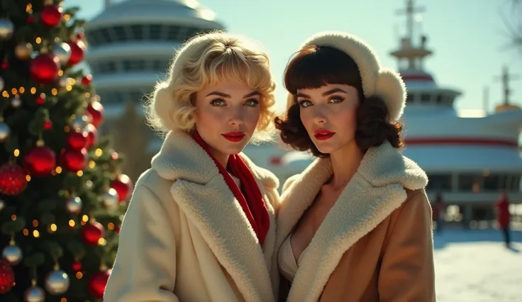 2 Retro girls ,  with retro hairstyles in earflaps,  in a short, large-neckline sheepskin coat with large breasts is standing near Colesia, Bra is visible. In the background, retro lady Colesie ,  decorated Christmas tree , outdoor retro futuristic ship