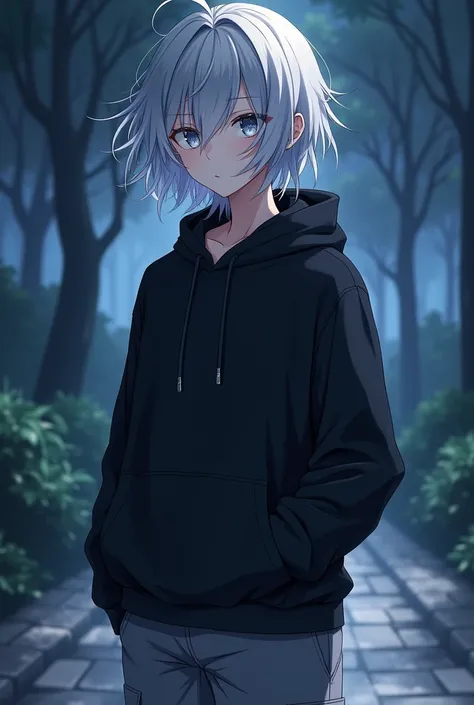  Silver Hair,Grey Eyes, pure white skin, medium hair,Beautiful Boy,Neutral,female々Young boy,female性らYoung boy, button,Thin chest,cute breasts ,Sloping shoulders,Graceful,Muscular,Cute boy,高校生くらいの button, black oversized hoodie, mouse colored cargo pants , ...