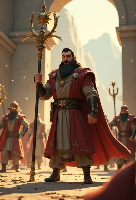 Davi stands strong with his staff raised, and the enemies retreat in fear. He is dressed in a warrior’s robe, signifying strength and divine protection, while the enemies stumble and look panicked, 3d animation, disney pixar