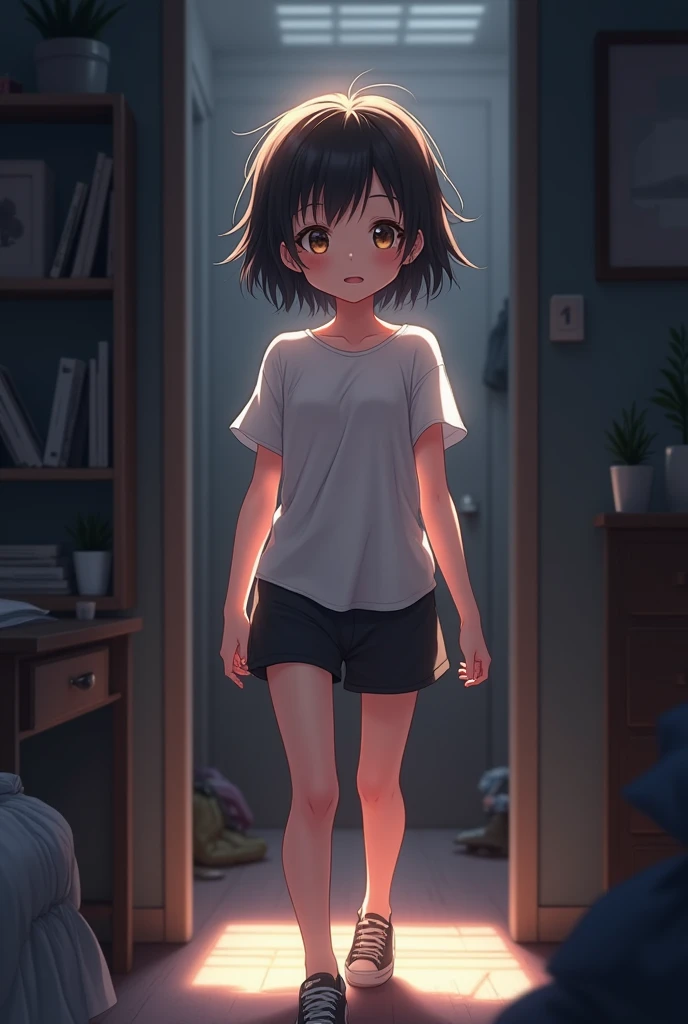 Anime, sleepy face, smiling, shuffling, short hair, black slumber, wearing a white T-shirt, black shorts, big breasts, standing in a dark cluttered bedroom