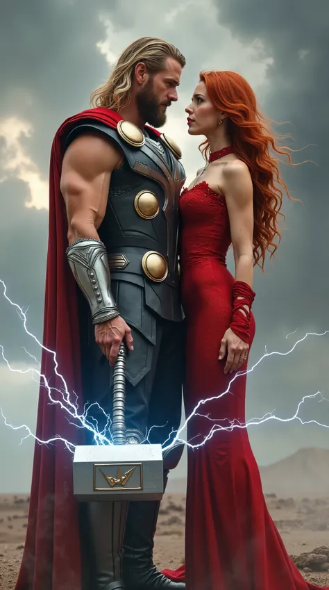 Generate a realistic Full HD image of Thor from the Avengers movies holding hands with a woman wearing a long, skintight red dress with a high collar. Thor should be in full armor, including a winged helmet, silver breastplate with golden runes, bracers, g...