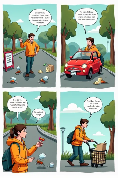 " Generate a comic with four vignettes about a person who realizes how they are polluting the environment. 

1.  In the first panel ,  the person is on the street ,  using single-use plastic products ,  by throwing garbage on the ground and driving a car w...