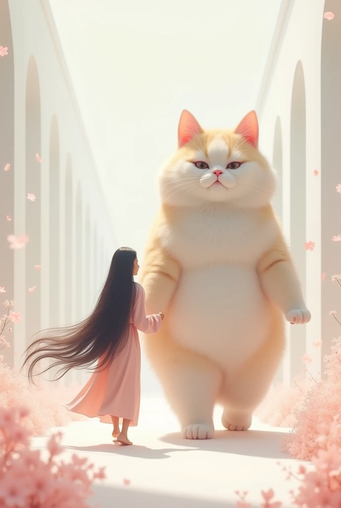 An Indonesian woman with loose hair walks along with a very large cute cat facing the all-white and pink camera