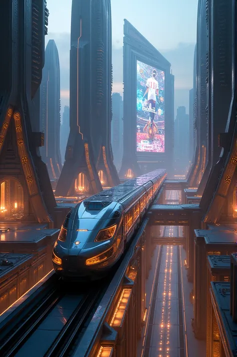 Create a train traveling through a futuristic citadel: in the evening the buildings are large and at the end of them a football advertisement 