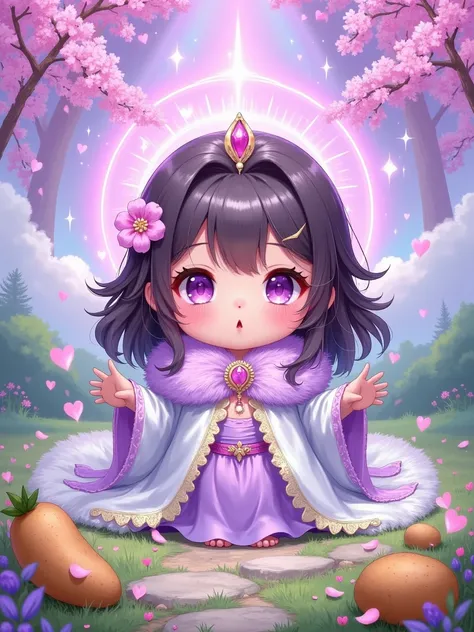 chibi divine being, essence of the purple sweet potato, baby-face celestial features, fluffy magical aura, mini celestial robes with puffy details and floating ribbons, kawaii heavenly realm with a garden of sweet potatoes, sparkly divine light, pastel col...