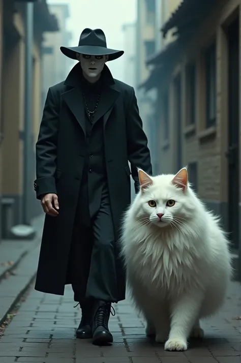 A white-faced man in a hat walks with a large sagat angora cat