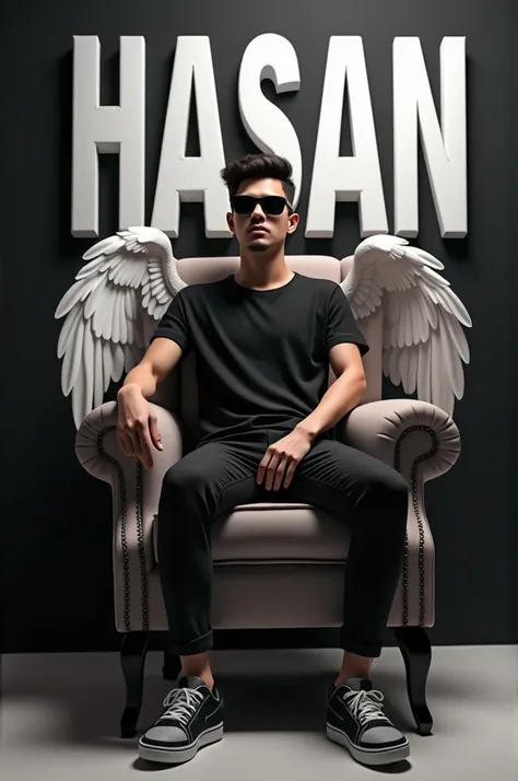 Create a 3D illusion for a picture where a boy 25 years in a black shirt sits casually on a Wingback Chair. Wearing sneakers,, and sunglasses, he looks ahead. The background features "HASAN" in big and capital white fonts on the black wall. There should no...