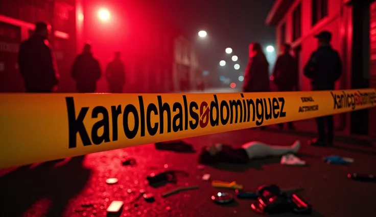  Cinematic realism Red light alerts A disturbing crime in the place ,   printed with yellow ribbons that delimit the area  .   The tapes have the words   "  karolchdominguez  "   in black letters  ,   highlighting your personal brand  .   In the scene  ,  ...