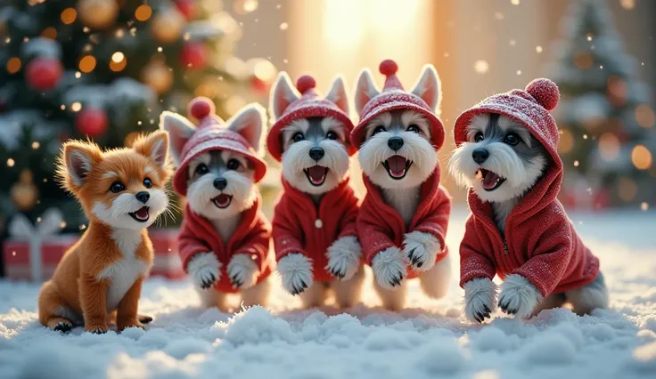 Miniature Schnauzers wear colorful gear and bucket hats from unknown manufacturers、A 、 Surreal Photos 。Theres a boom box in the corner 。 Snowflakes , s playing in the snow ,  snowy ground , Warm, shining light, Cozy and festive atmosphere, Joyful laughter ...