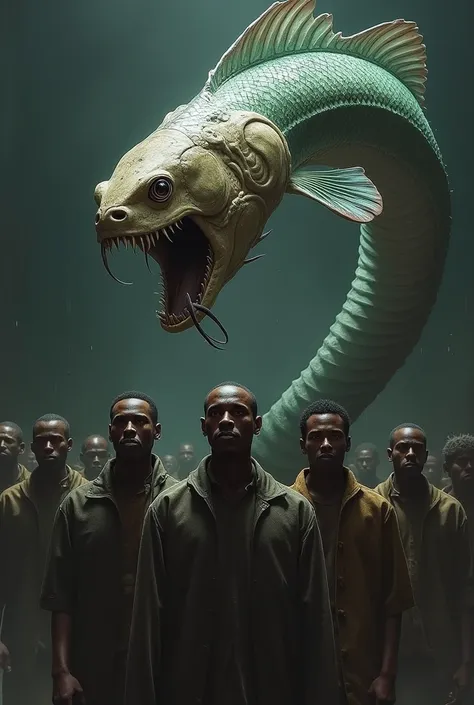 Generate a picture with a creature with a head fish and a body of a snake behind black people and protecting them