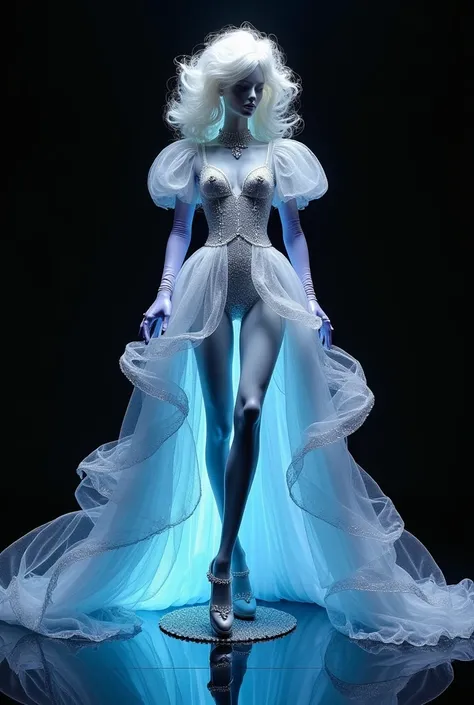  On the black glass floor with a black background and black mannequin.  Make a short dress and hope it falls with glowing liquid butter.  Make a beautiful and elegant pose .  Mannequin with extra long glitter wig with luxurious hairstyle .  Light blue thin...