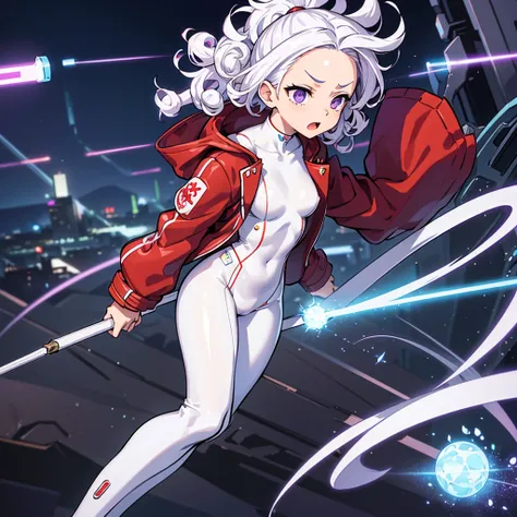 (pocket、goggles、Hide your face)、(((Solo)))、 top quality,  Best Quality 、 full body character concept、( purple eyes)、(((White Hair, short hair、Curly Hair、 stick out your forehead )))、SF、future、((( cyberpunk)))、(((simple white bodysuit、 red jacket )))、woman、...