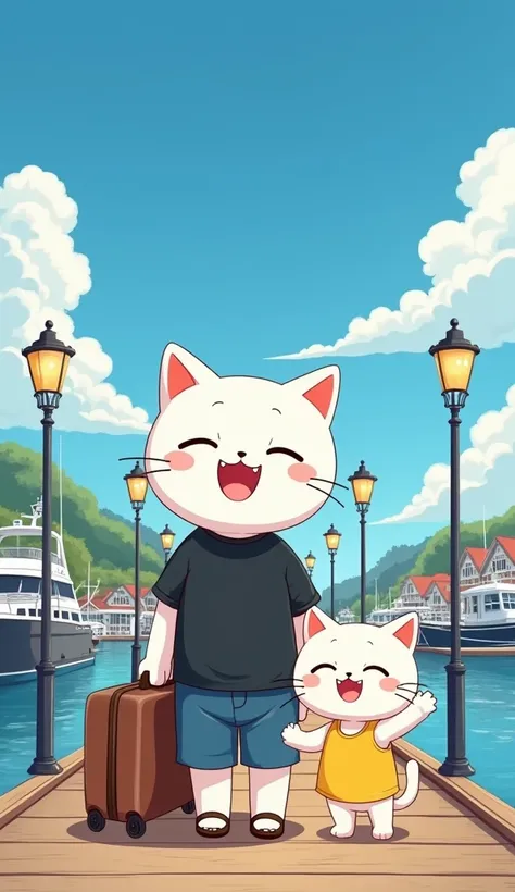 A heartwarming cartoon-style image of a white anthropomorphic cat family at a marina. The father, dressed in casual black and blue attire, holds a suitcase, standing tall and smiling, while his adorable kitten in a yellow dress excitedly gestures. The back...