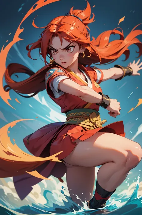 "Depict Ame-no-Uzume, the goddess of revelry and entertainment from Japanese mythology, as a fierce and agile martial artist. Her stance is one of readiness and confidence, poised in a dynamic fighting pose, exuding both grace and power. Her expression is ...