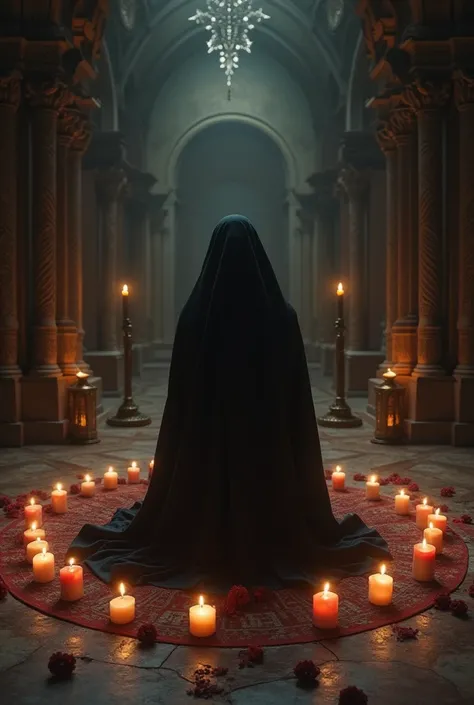 One Indian women wearing black saree and does black magic and worships devil by lighting candles inside palace room at night