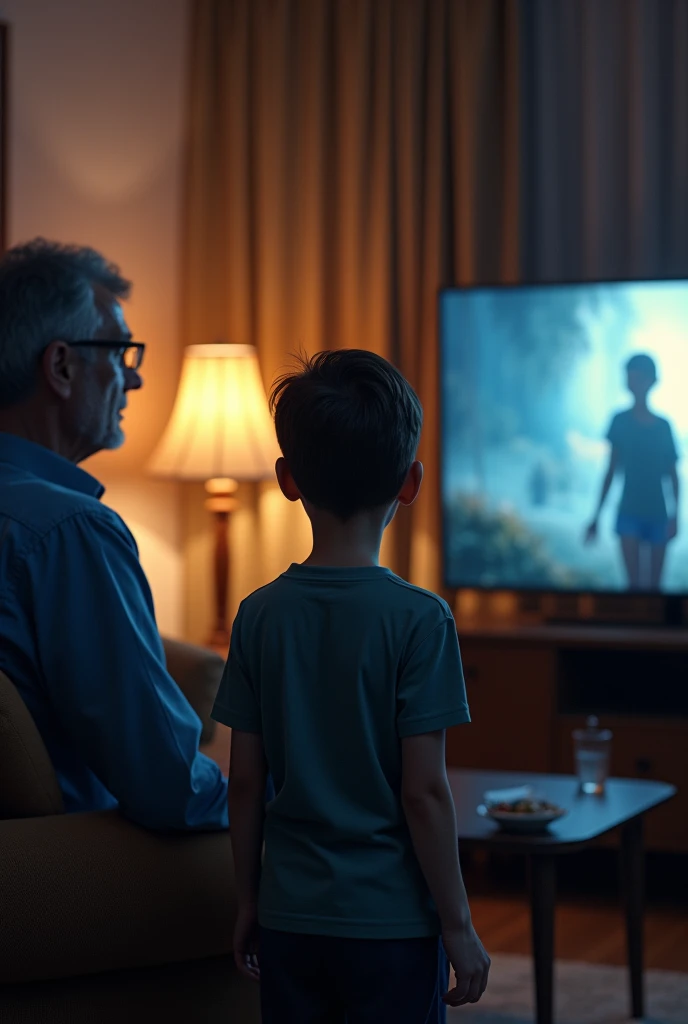 A man watching tv, his son next to him. The  is talking, looking at the man, and the man ignores him, watching tv. Make the  look at the man. Show me the tv the man is looking at, and make the  talk but the man isnt listening. The man isnt even looking at ...