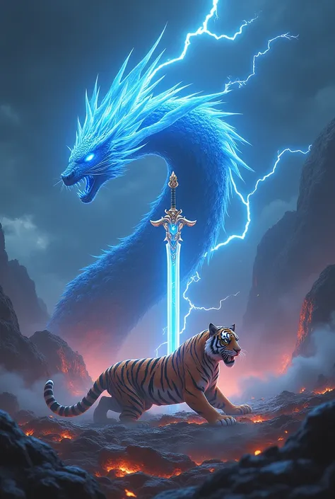 create 32k ultra-realistic image of a scene with a tiger, a howling lightning dragon, and the Master Sword as distinct entities. The tiger crouches with feline ferocity, its glowing striped fur reflecting the storm’s chaotic energy. Nearby, the howling lig...