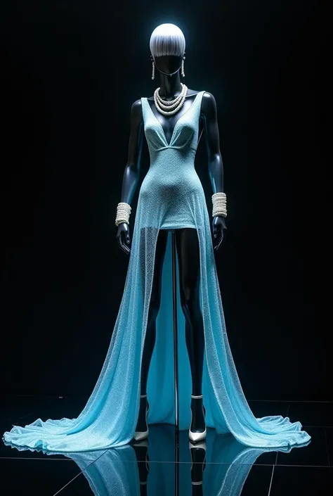  On the black glass floor with a black background and black mannequin.  Make a short dress and hope it falls with glowing liquid butter.  Make a beautiful and elegant pose .  Mannequin with extra long glitter wig with luxurious hairstyle .  Light blue thin...