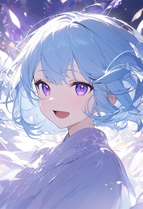  Girl Facing Her Side, Opening Her Mouth, and Smiling、 short hair、 light blue hair、Deep Purple Eyes 