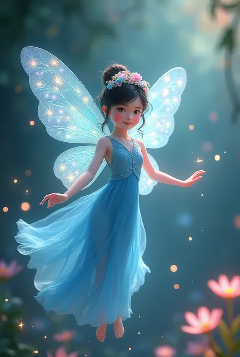 "Fairy in ancient Chinese style, with two-layered thin butterfly wings behind her back, wearing a flowing blue dress, hovering in the air, surrounded by magical light. A young, beautiful fairy girl, with a gentle, joyful expression, wearing a thin, flowing...