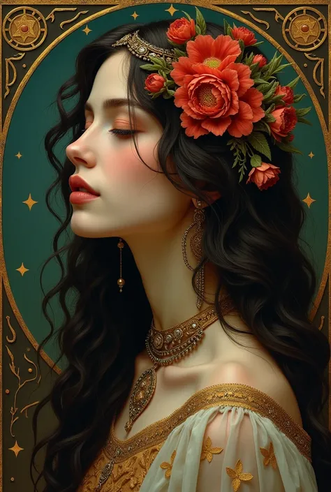  long hair,  high definition ,  smiles,  accessories,  closed eyes,  hair flower , Alphonse Muchas painting taste,Gothic Background,profile,fortune teller, Dark Brown Hair, imaginary,Mysterious, Spiritual , very detailed ,  bright ,goddess.