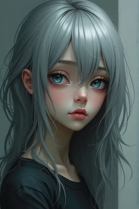 girl with gray hair, blue eyes and a tired look  