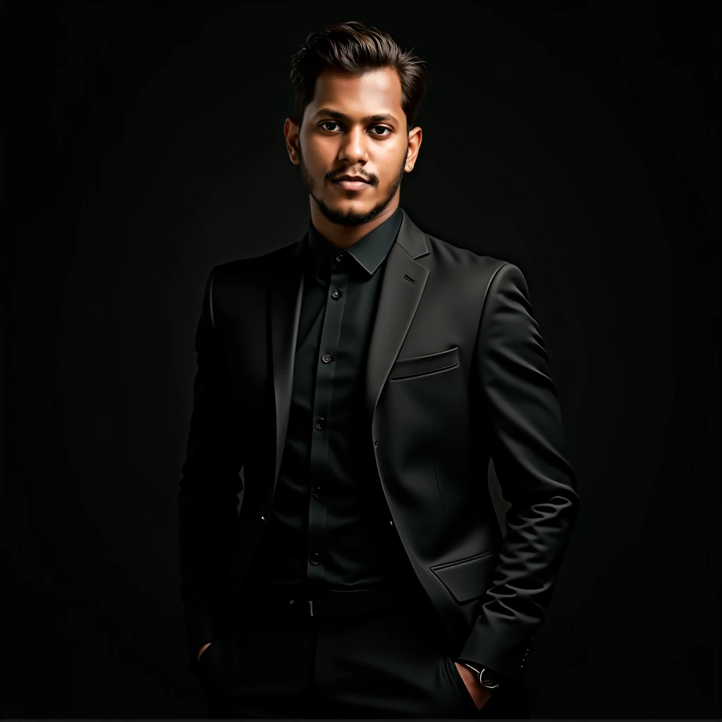 Formal. Suit. Profile picture. Cool. Man. Black shirt suit. Realistic. Dark background
