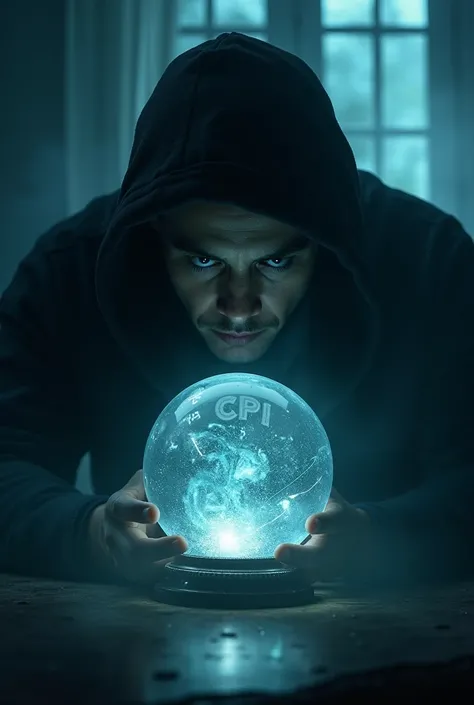 A crypto analyst gazes into a crystal ball showing fluctuating arrows, the letters CPI, and a hazy Bitcoin chart. Style: mysterious, insightful