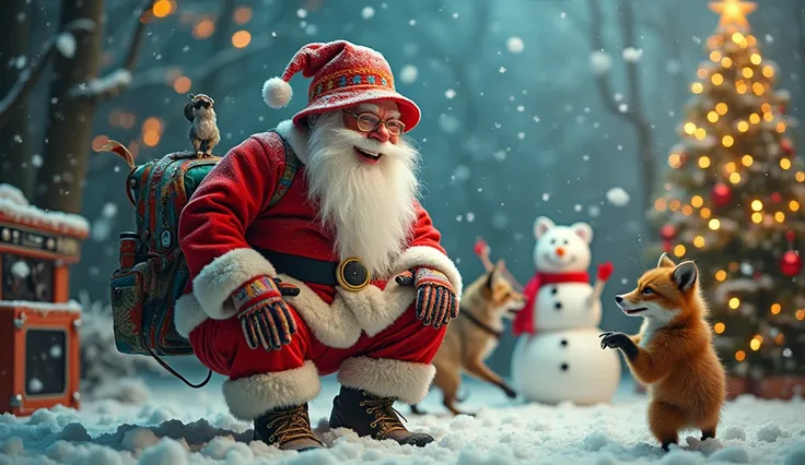 Santa Claus wears colorful gear and bucket hats from unknown manufacturers、A 、 Surreal Photos 。Theres a boom box in the corner 。 Snowflakes , s playing in the snow ,  snowy ground , Warm, shining light, Cozy and festive atmosphere, Joyful laughter and smil...