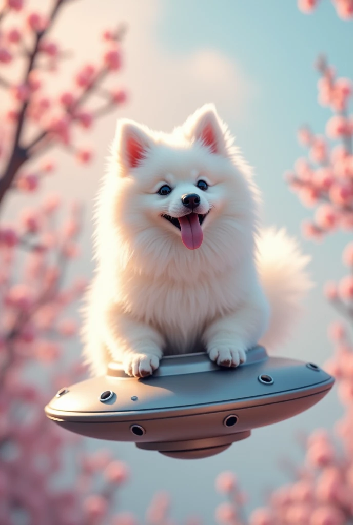 Best Quality, High Quality, reality, About the dog An adult Japanese Spitz dog , The corners of the mouth are raised and they look smiling ,Pure white coat color , Fluffy and soft coat ,  Enjoy spacewalking , Im riding on top of a small UFO in outer space,...