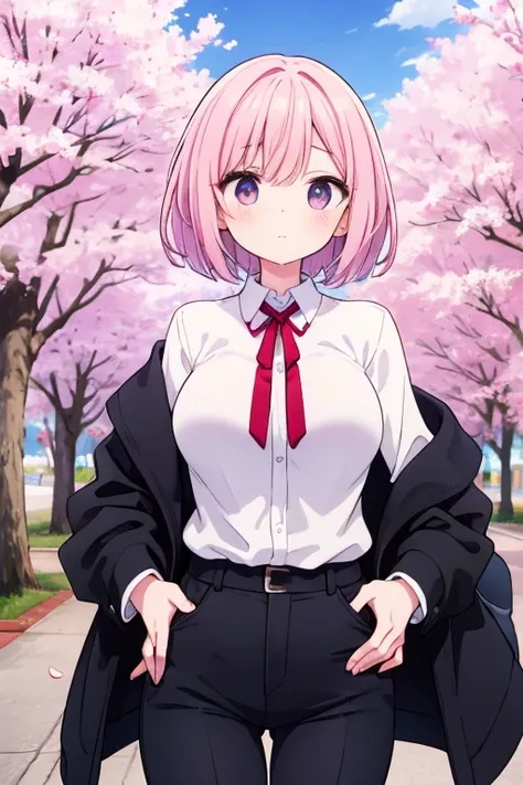 Clothes are Western-style　Big Breasts　pants　Gender: Female　  has short hair  　 eyes are slouched 　 Based on cherry blossom color