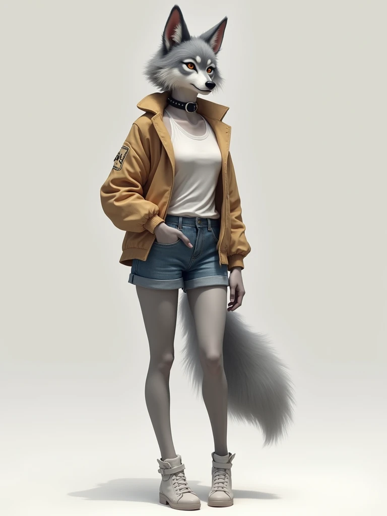 anthro furry female gray wolf dressed in jeans shorts, top and black collar