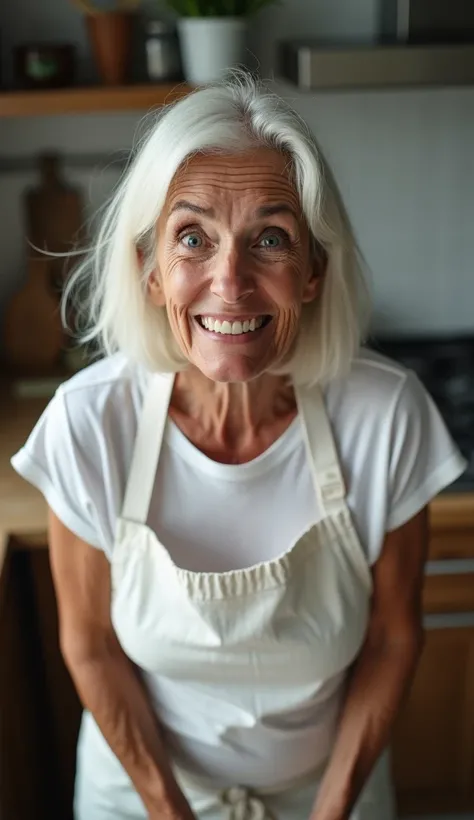 middle-aged Caucasian woman, (age 45:1.4), (rough  face skin:1.3), (aged face skin:1.2), (short female body:1.4), (white hair:1.3) (chin length bobcut:1.3), (petite), dark eye makeup, long eyelashes, big nose, (small breasts:1.2), (natural skin textures:1....