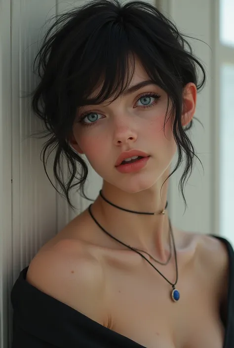 This is Olivia, Beatyful woman, realistic,  short hair tomboi, long bangs, she nothing cloning, blue eyes, sexy pose
