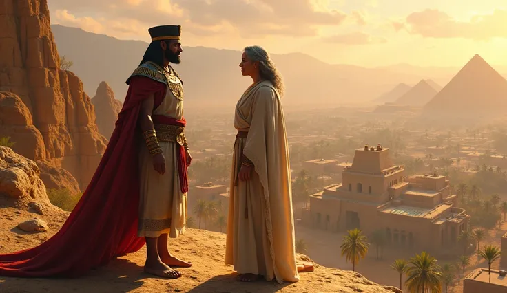 image showing an ancient Egyptian king on a hill overlooking an ancient Egyptian valley, talking to a distinguished gray-haired lady in biblical clothing, standing;