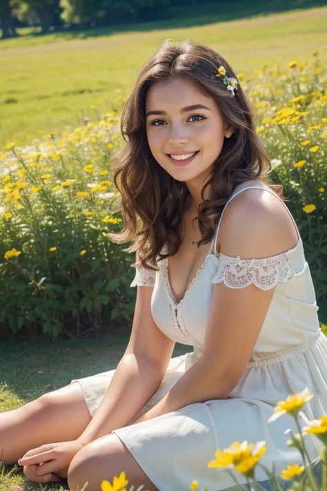 a chubby girl, 1girl, detailed face, beautiful eyes, big nose, full lips, detailed skin, wavy brown hair, cute expression, happy, smiling, wearing a casual white dress, sitting on the grass in a field, surrounded by flowers, sunlight, (best quality,4k,8k,h...