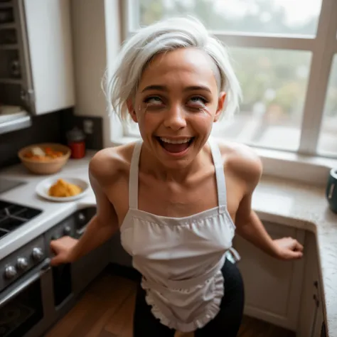 middle-aged Caucasian woman, (age 45:1.4), (rough  face skin:1.3), (aged face skin:1.2), (short female body:1.4), (white hair:1.3) (chin length bobcut:1.3), (petite), dark eye makeup, long eyelashes, big nose, (small breasts:1.2), (natural skin textures:1....