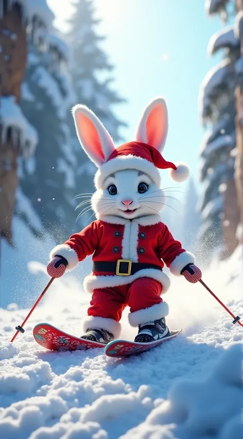 Realistic. Photorealistic. Image is vibrantly colored.
photo,Highly detailed

Expressive style. Photorealistic depiction of a white little rabbit Santa Claus snowboarding down a mountain canyon covered in snow and ice.
Little white rabbit Santa is wearing ...