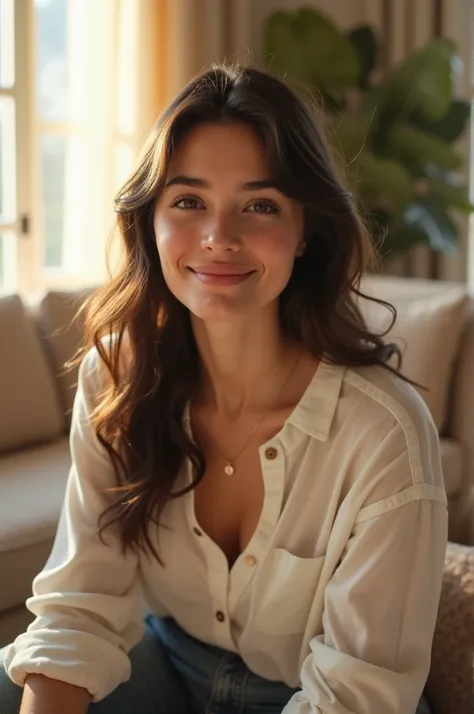 A young woman with a refined nose after rhinoplasty, wearing a casual outfit, smiling confidently. Natural light in a cozy living room.