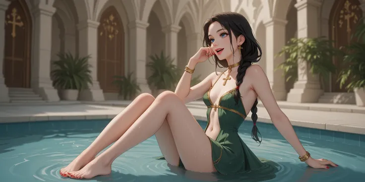 woman,  green dress , wet body,  well lit ,  depth of field,  full body, golden crucifix collar, earring, gold rings , gold bracelet,  gold navel piercing,  long straight hair ,  black hair,  braided hair ,  wet hair, highly detailed,  high contrast ,  bes...