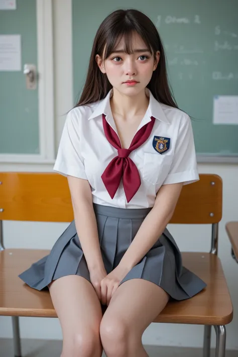  female middle school student, 8k， detailed full body ,   embarrassed expression，（uniform, white and gray ， open chest ， Lower Body Naked）、Genitals exposed， sit with your legs open