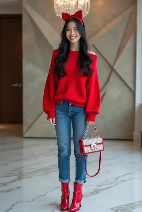 A photo of a young Korean woman wearing a red off-the-shoulder sweater, blue Levis jeans, and red luxury boots. She has long, straight black hair and is wearing a red cat-ear headband. The woman is smiling and holding a diamond-encrusted Chanel bag. She is...