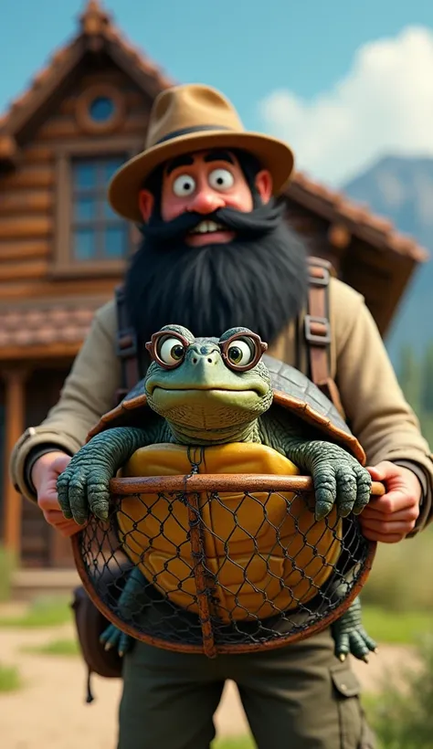 A cartoon black bearded hunter carrying A middle aged cartoon turtle( big curious eyes,shinning shell,wearing specs) inside the nets in front of a wooden house 