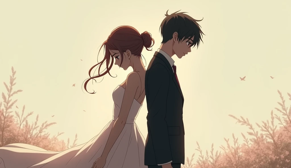 
 a beautiful couple ,  dress politely  , back to each other  , the woman is crying  ,  the man looks cold ,  anime style 