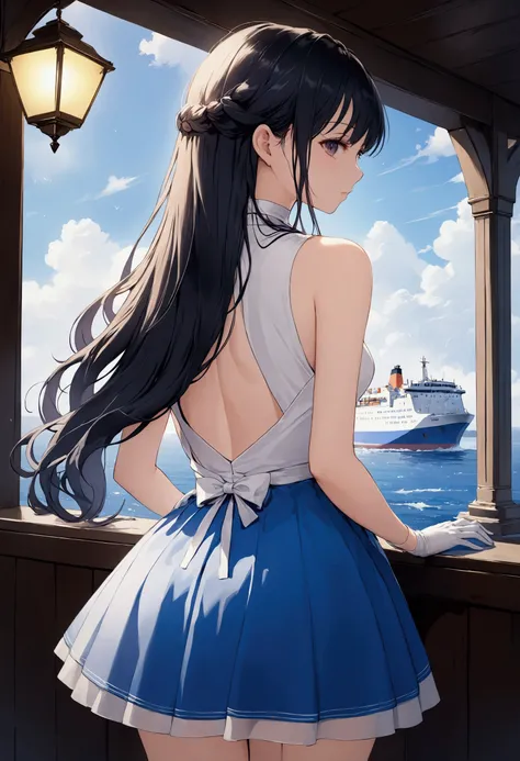 (( top quality))、((Masterpiece))、((1girl))、solo、ferry、(( long hair on background))、ferryベース、(Thigh height))、 shoulder out、(gem))、( sleeveless))、 white dress、 blue skirt、(gloves))、Thigh height、 from behind。