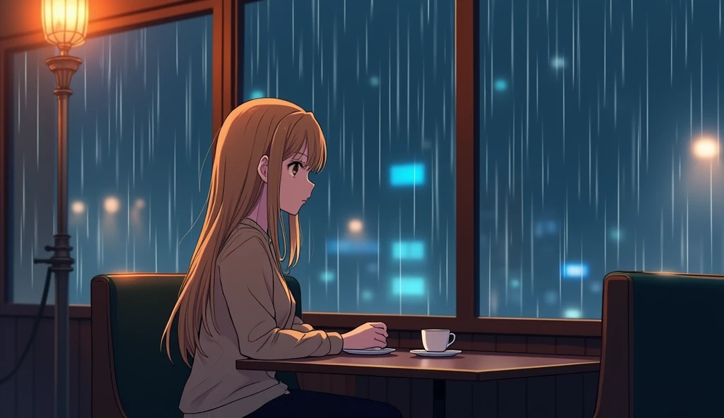  Anime girl sitting at the table with a cup of coffee, anime aesthetic,  after the rain and without girls, sitting alone in a cafe , anime visual of a cute girl,  anime wallpaper 4k, rainy weather, Art in the style of Guweiz , Tears on Rain, Rainy day, Ily...