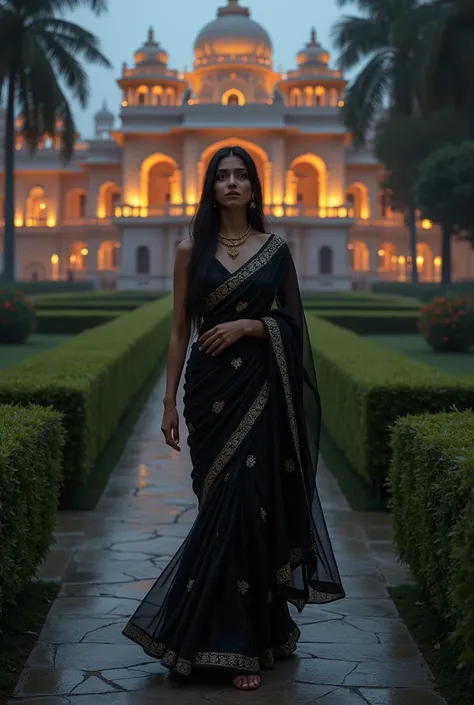 One Indian woman wearing back saree and walking outside in palace at night 